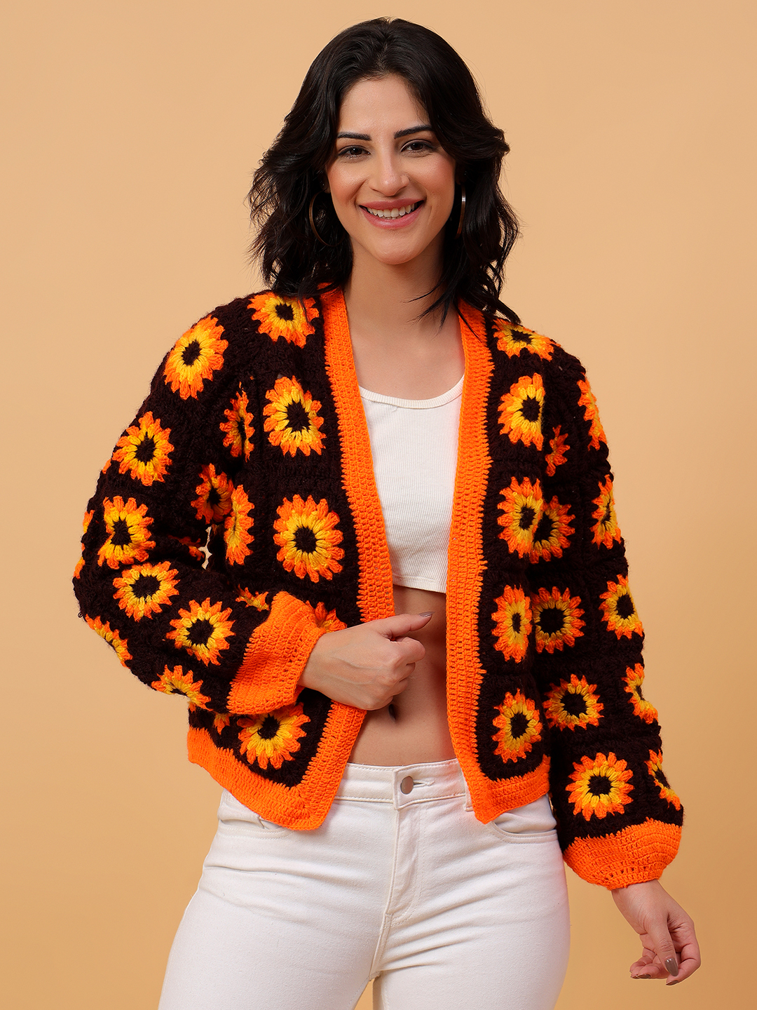 Orange Floral Sunflower Cardigan - Orange