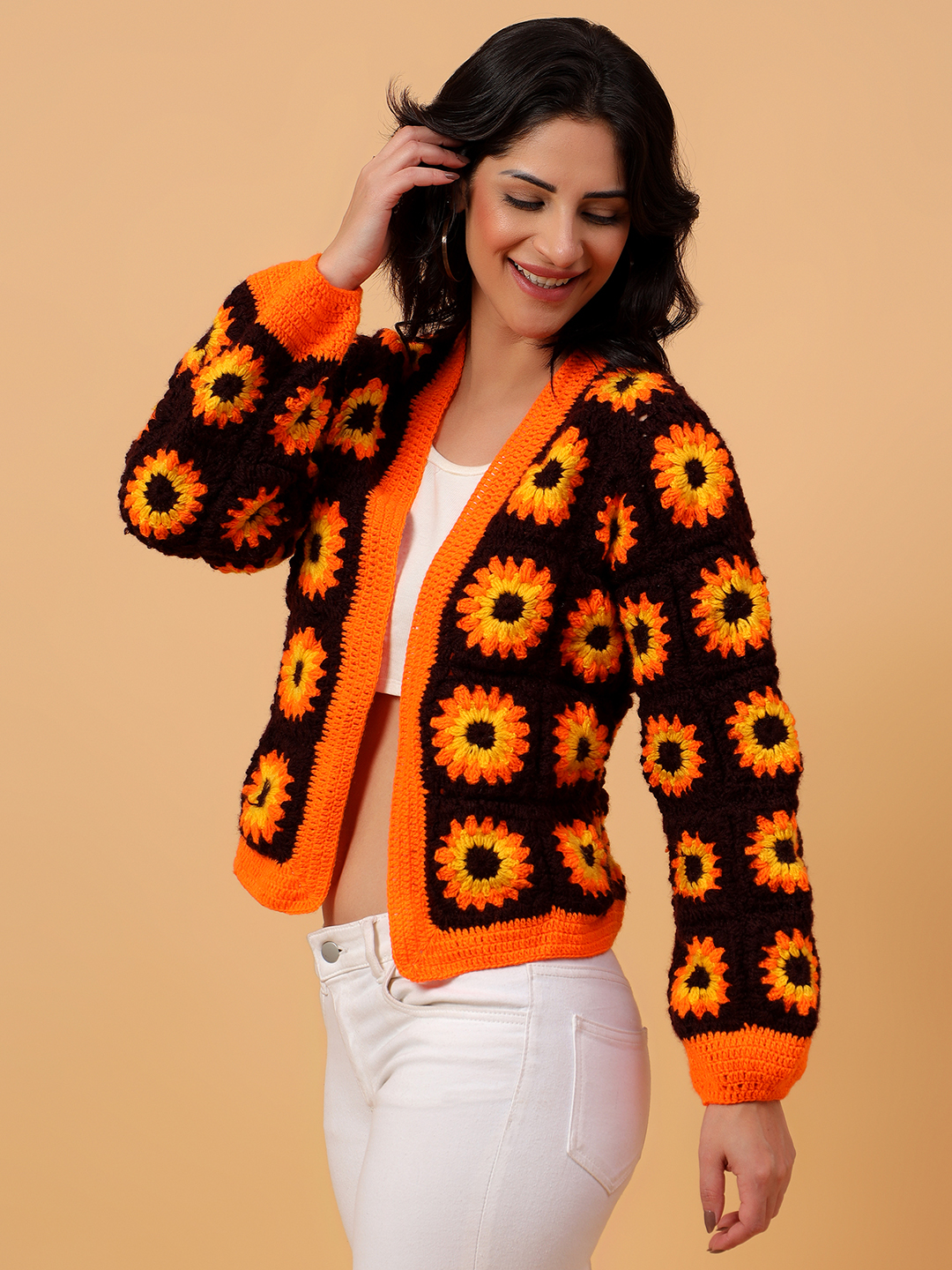 Orange Floral Sunflower Cardigan - Orange