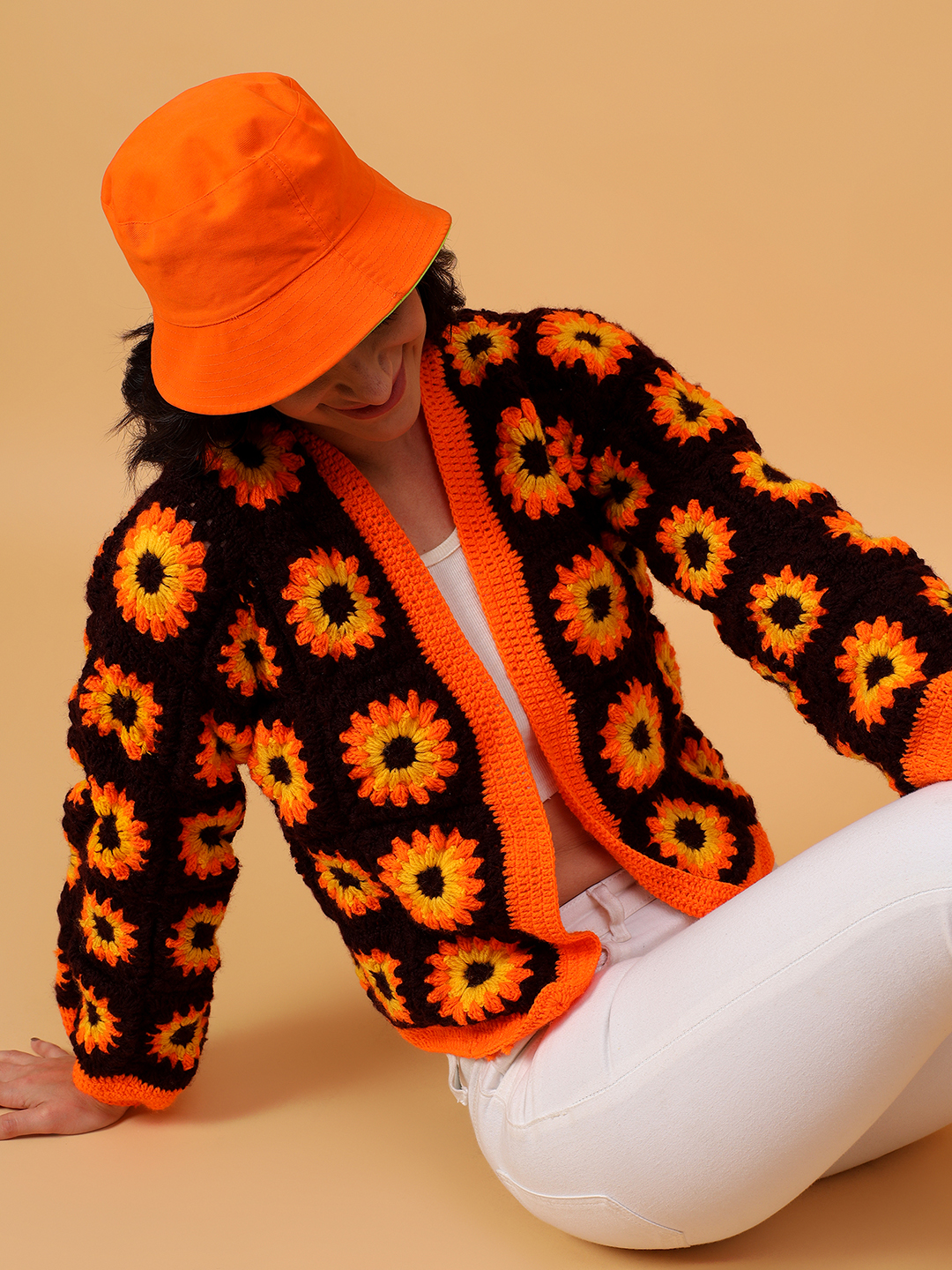 Orange Floral Sunflower Cardigan - Orange