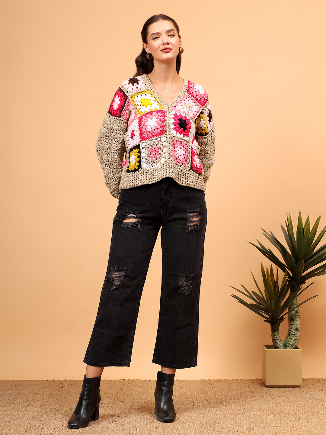 Floral Sleeve Sweater - Beige