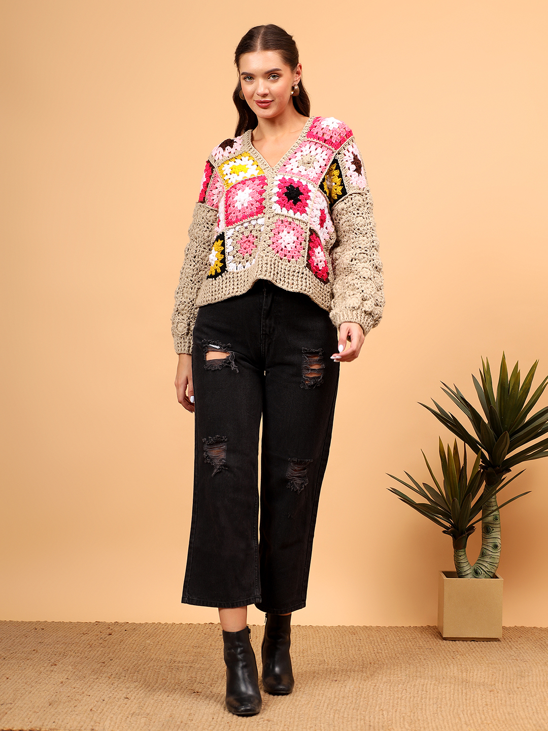 Floral Sleeve Sweater - Beige