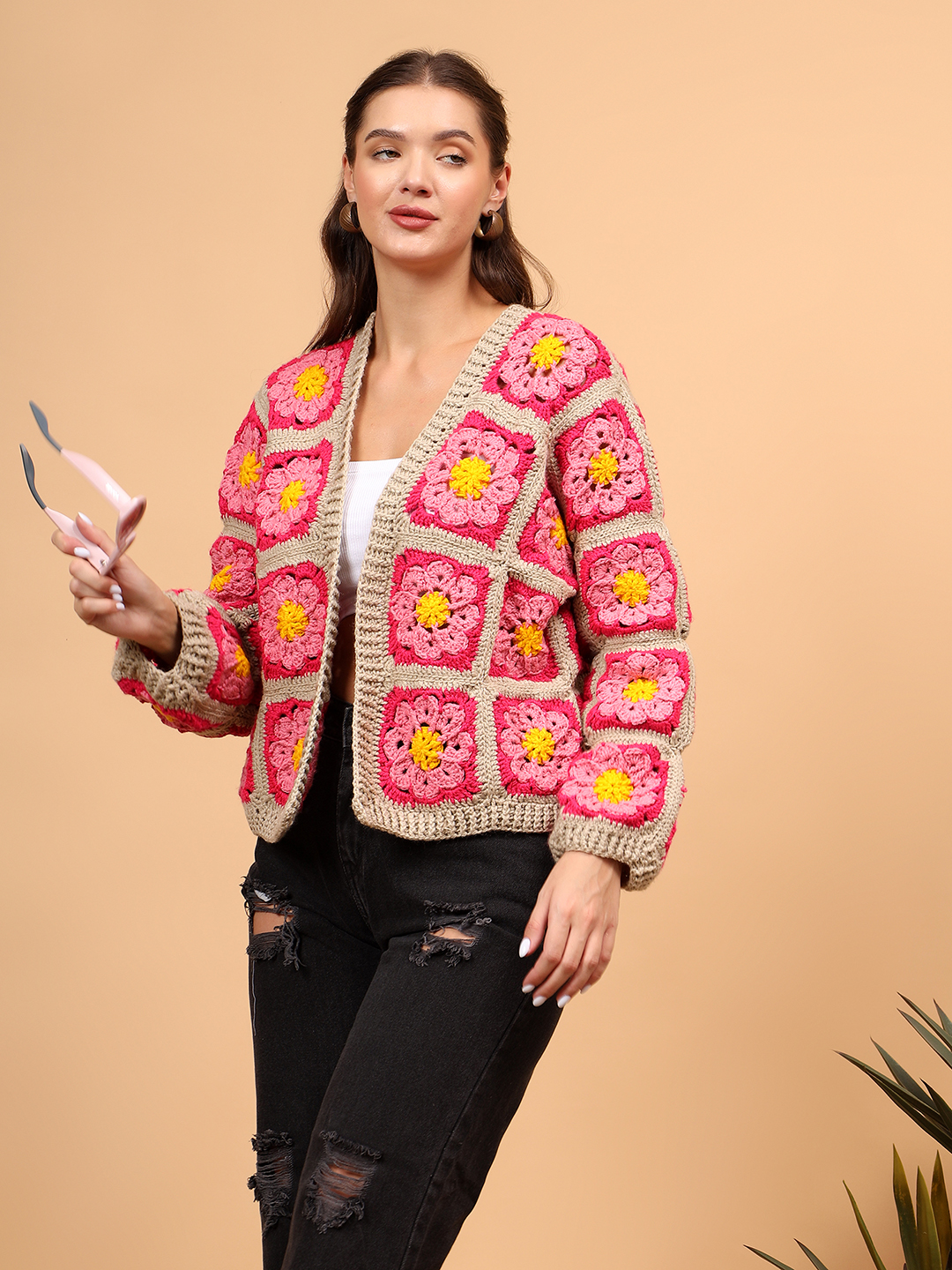 Crochet Cardigan with Ribbed Border - Pink