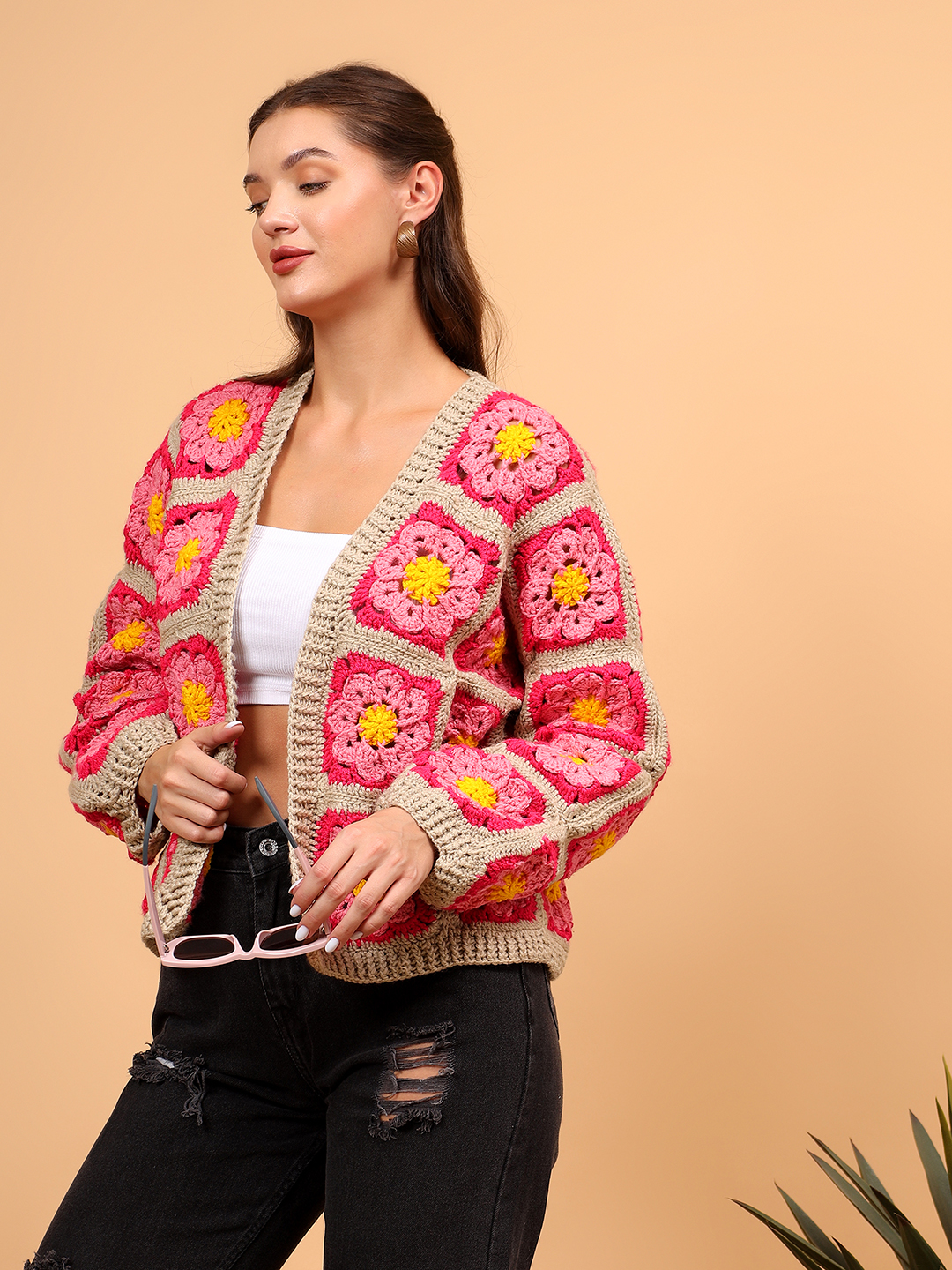 Crochet Cardigan with Ribbed Border - Pink