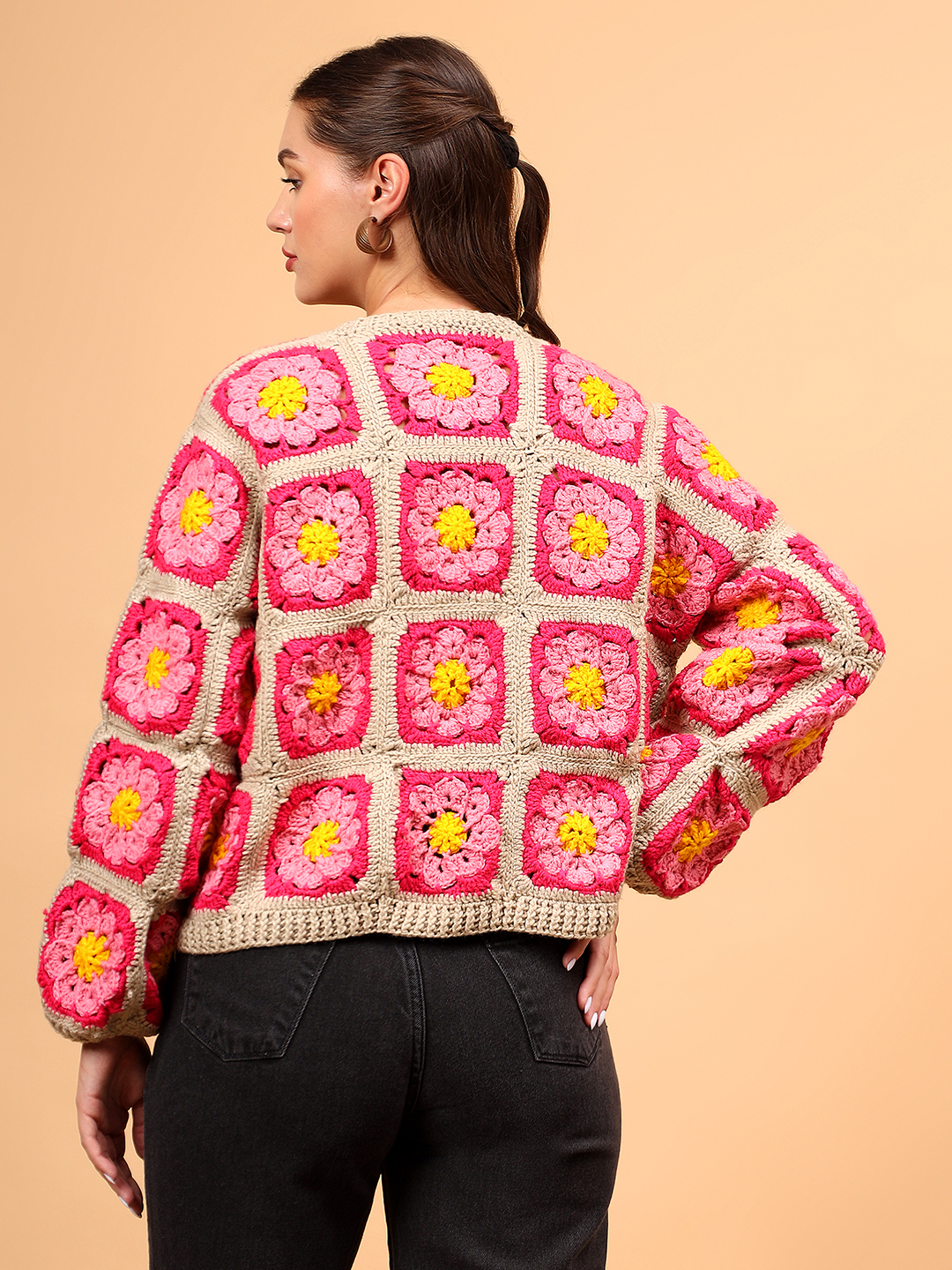 Crochet Cardigan with Ribbed Border - Pink