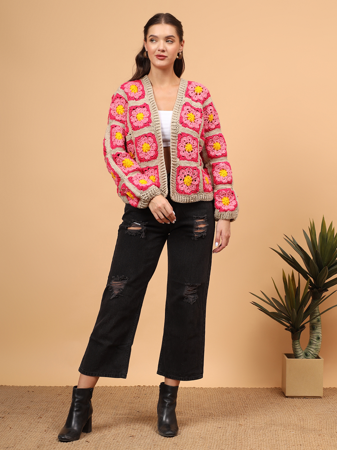 Crochet Cardigan with Ribbed Border - Pink