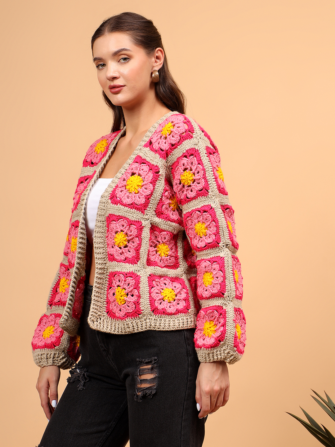 Crochet Cardigan with Ribbed Border - Pink