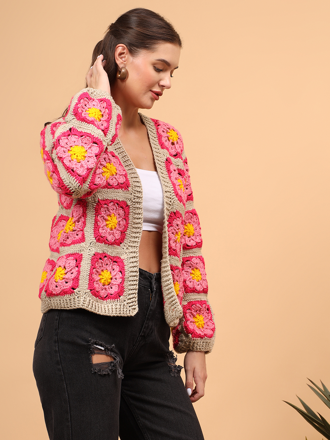Crochet Cardigan with Ribbed Border - Pink