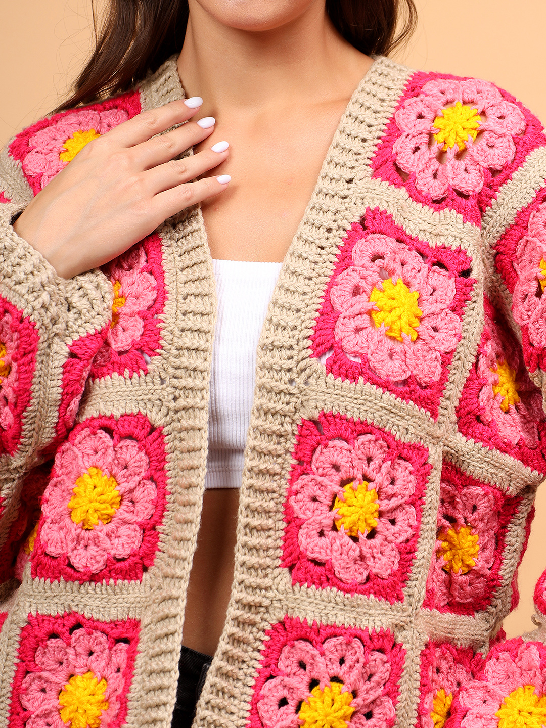 Crochet Cardigan with Ribbed Border - Pink