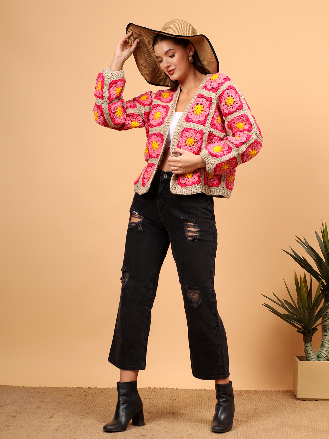 Crochet Cardigan with Ribbed Border - Pink