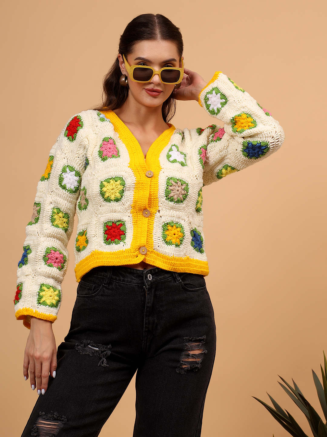 Velvery Handmade Floral Button Closure Cardigan