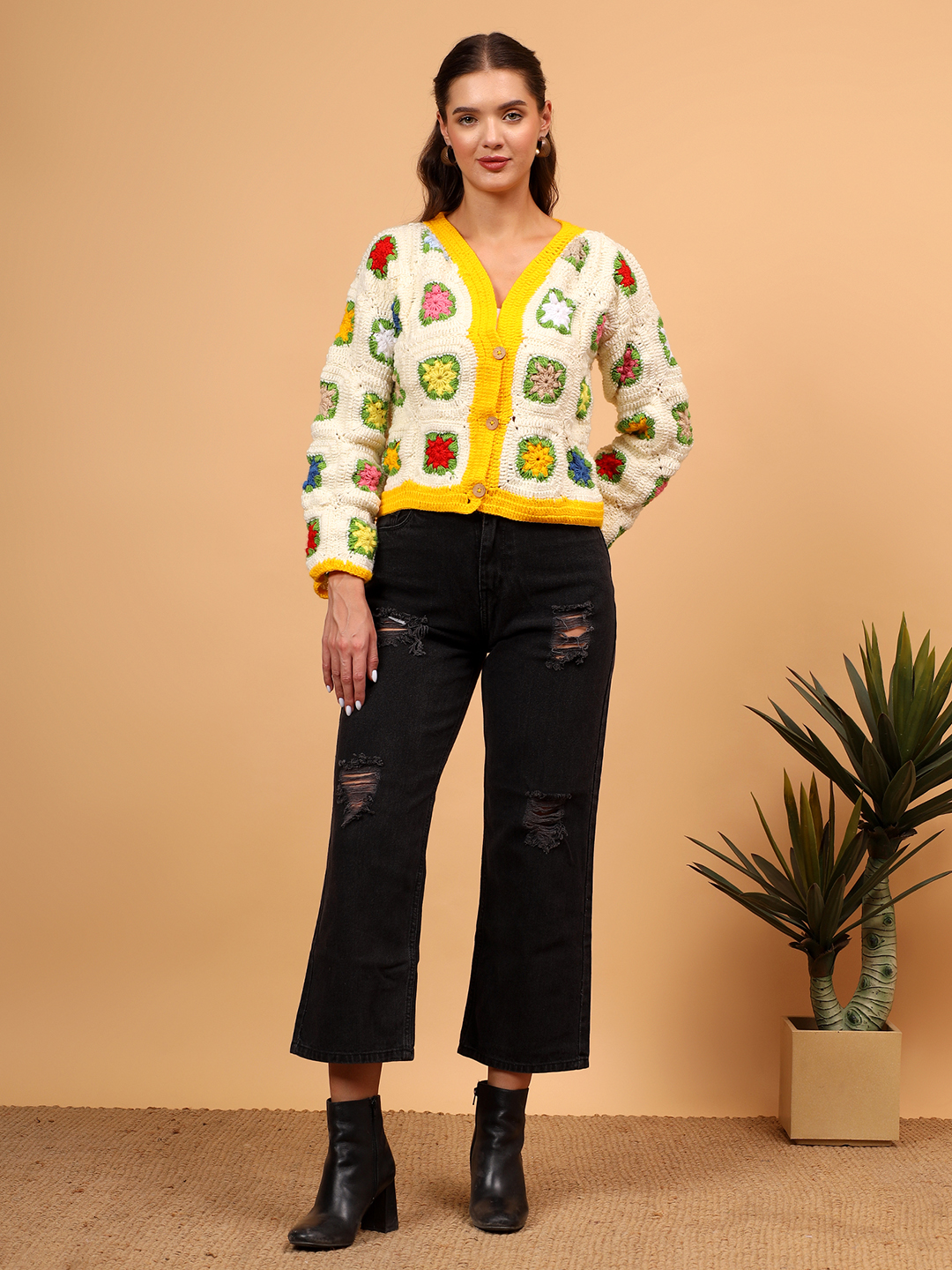 Velvery Handmade Floral Button Closure Cardigan