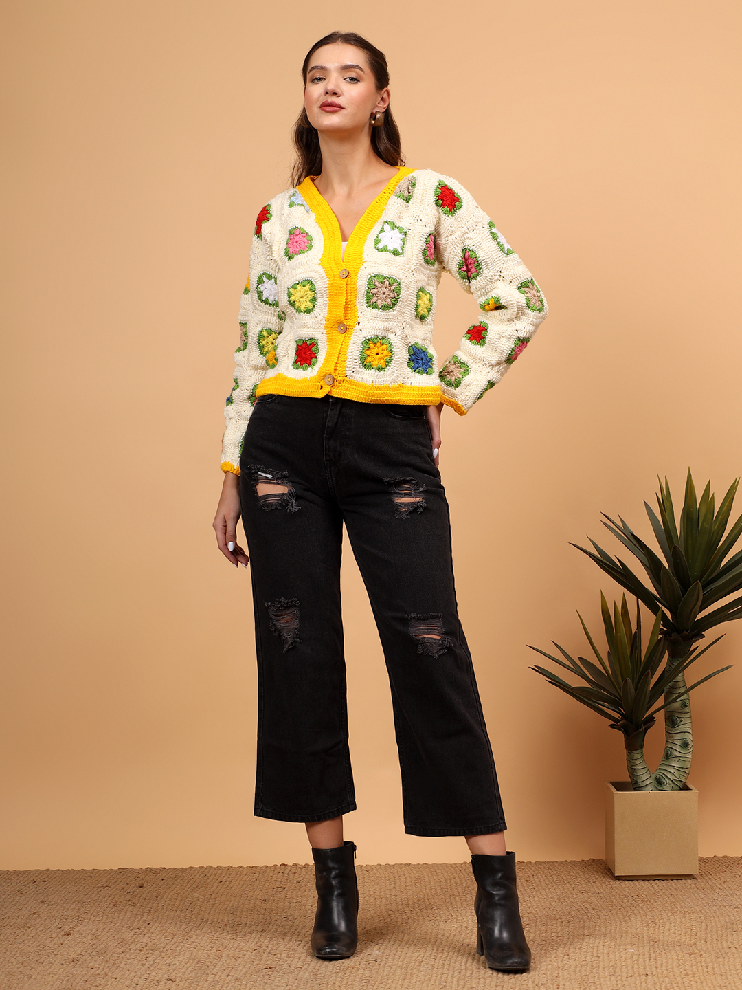 Velvery Handmade Floral Button Closure Cardigan
