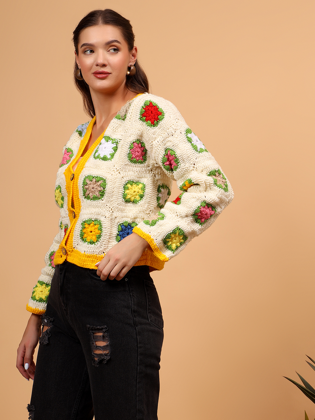 Velvery Handmade Floral Button Closure Cardigan