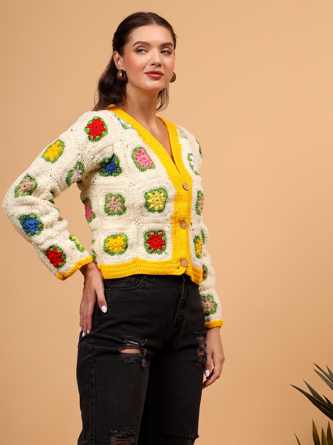 Velvery Handmade Floral Button Closure Cardigan