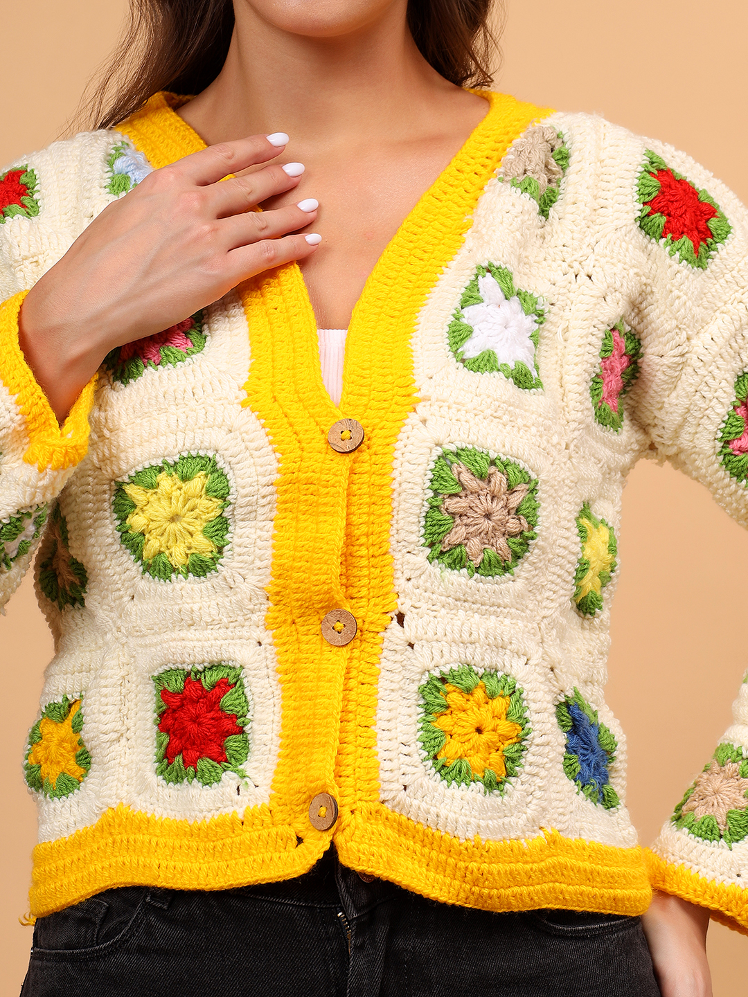 Velvery Handmade Floral Button Closure Cardigan