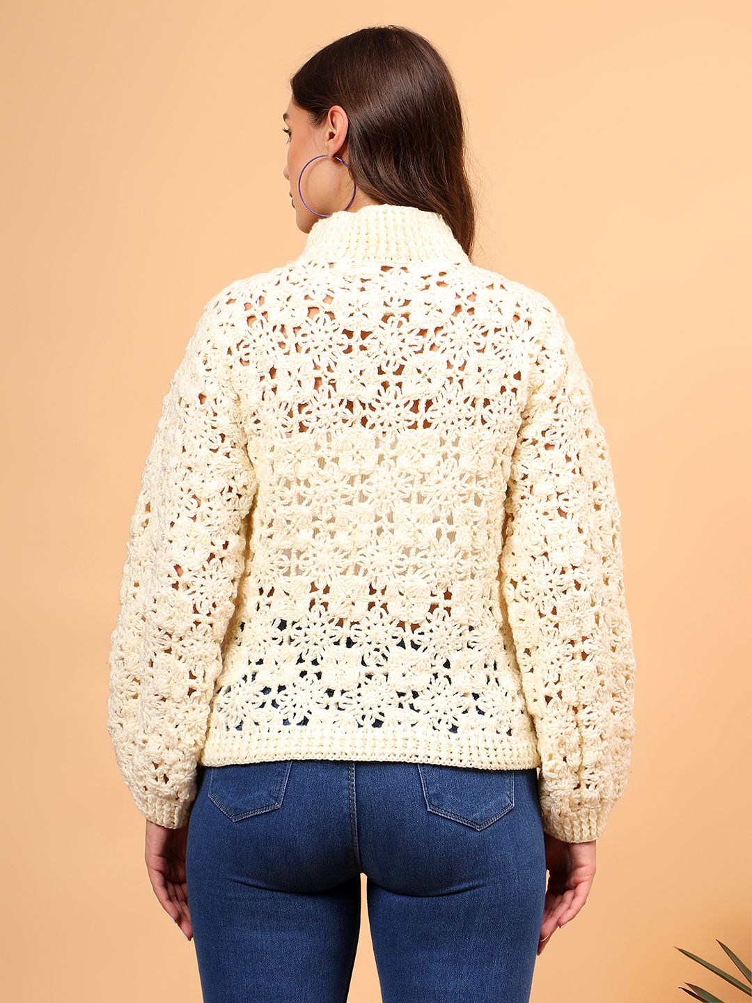 Color Block Handmade Floral Zipper High Neck Cardigan - Cream