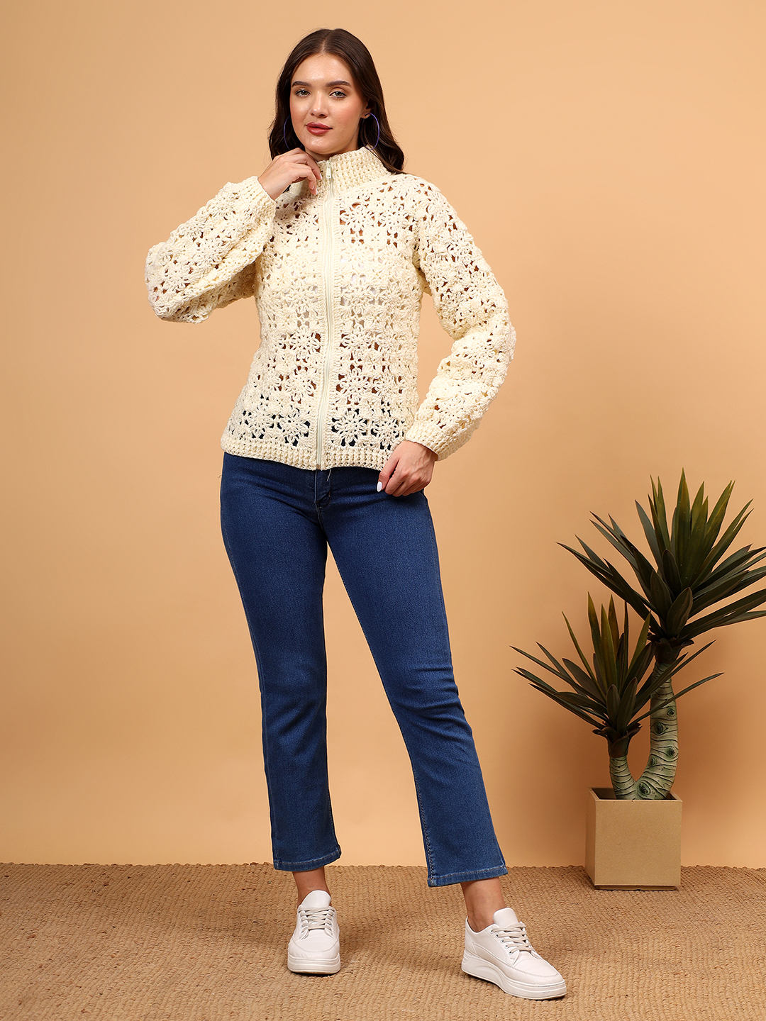 Color Block Handmade Floral Zipper High Neck Cardigan - Cream