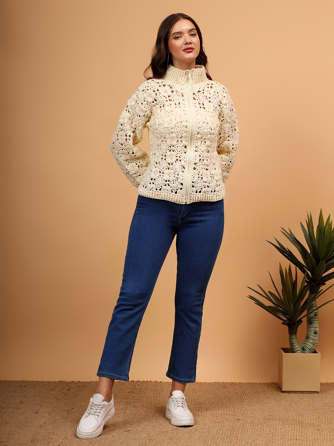 Color Block Handmade Floral Zipper High Neck Cardigan - Cream