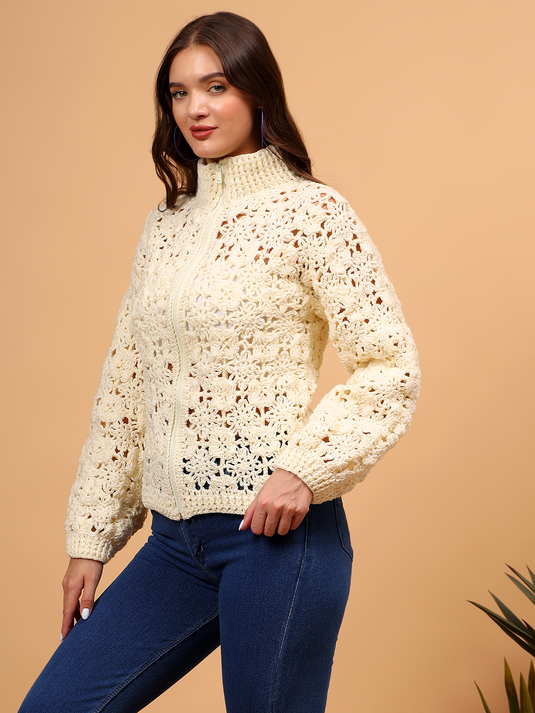 Color Block Handmade Floral Zipper High Neck Cardigan - Cream
