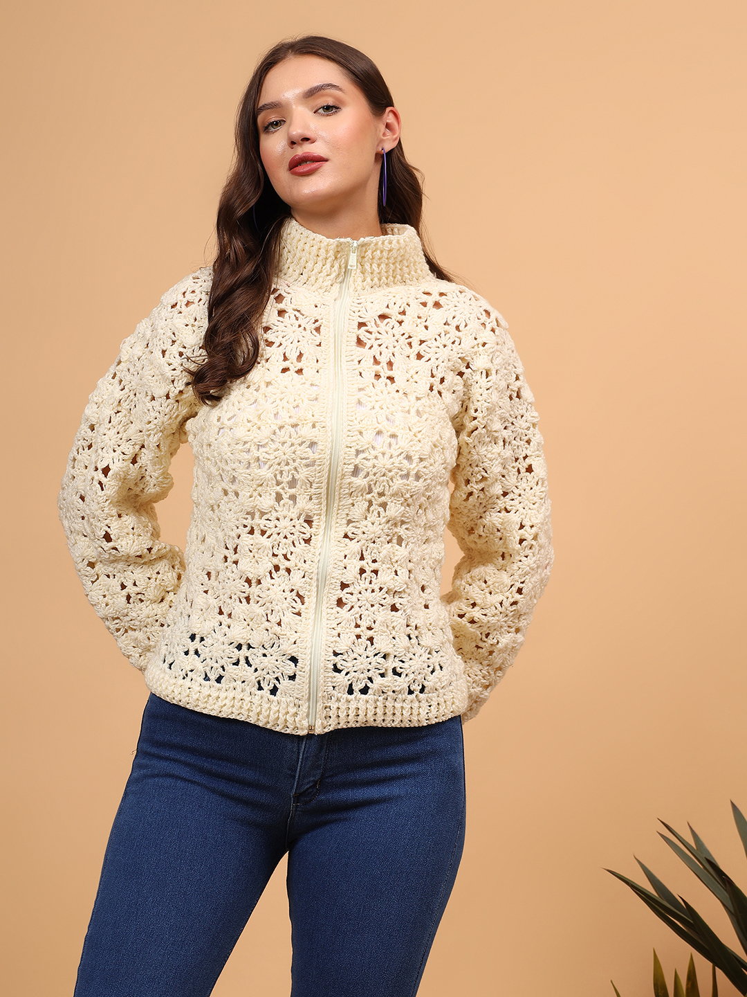 Color Block Handmade Floral Zipper High Neck Cardigan - Cream