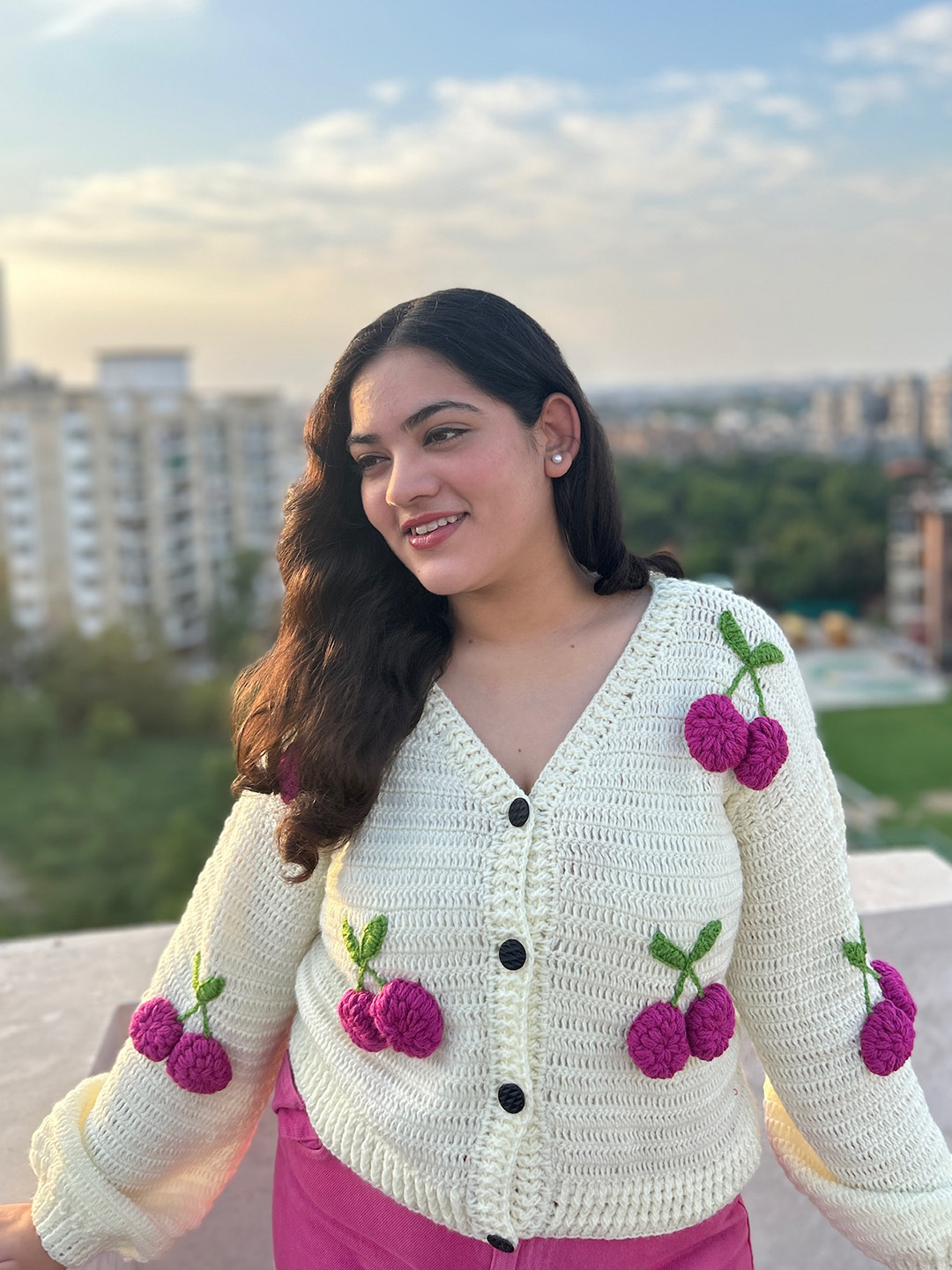 Velvery Crochet Cherry Cardigan - Cream