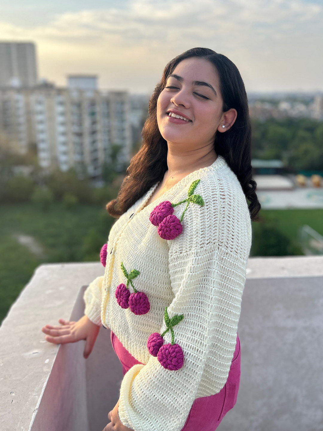 Velvery Crochet Cherry Cardigan - Cream