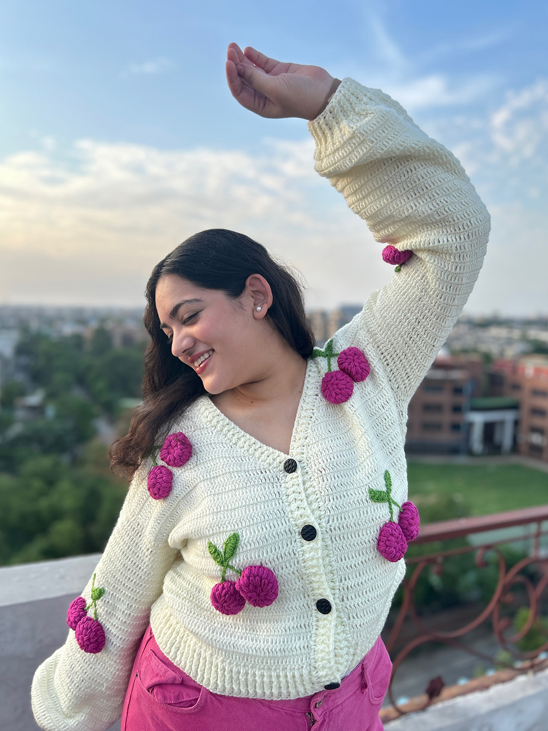 Velvery Crochet Cherry Cardigan - Cream