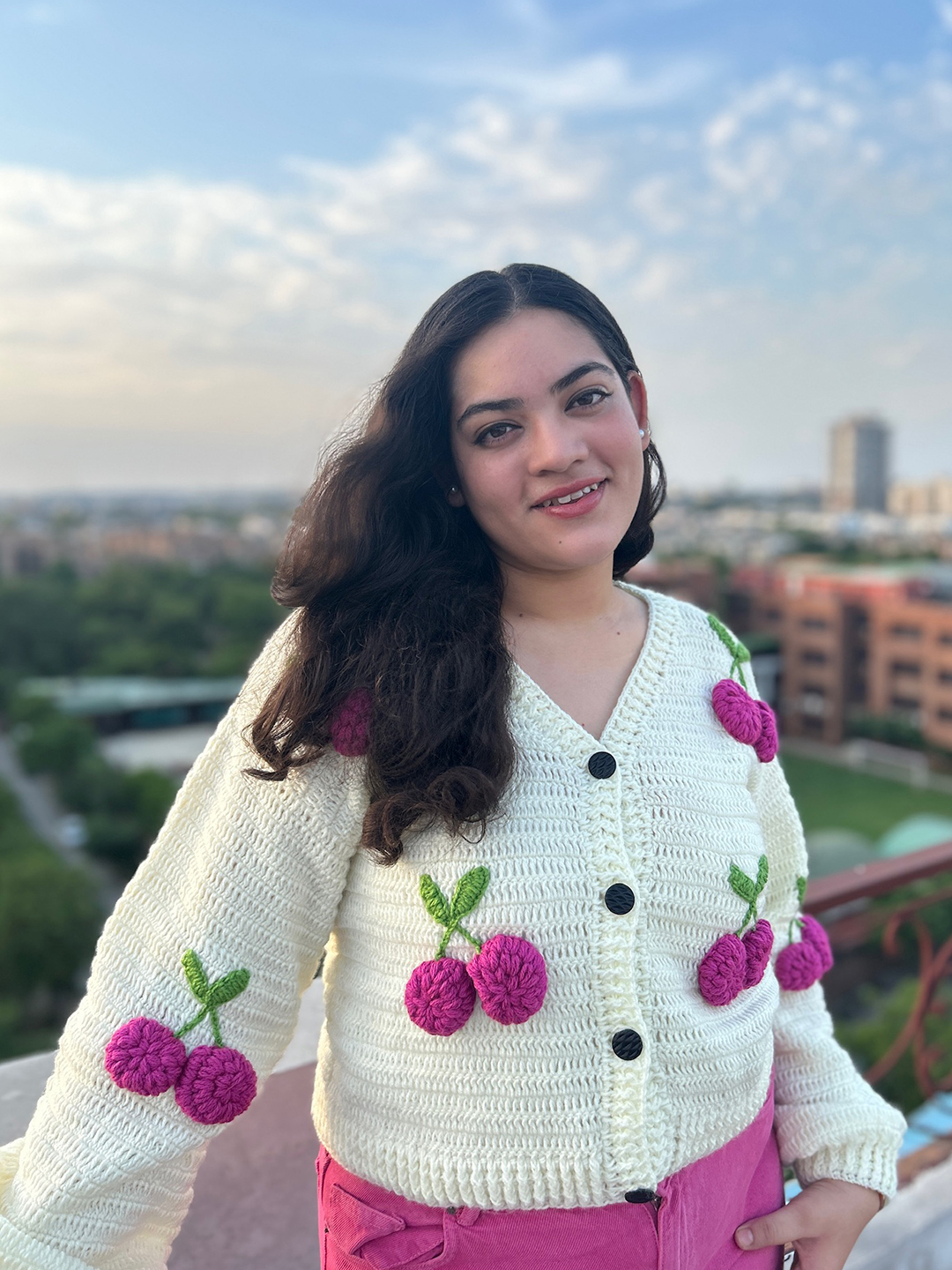 Velvery Crochet Cherry Cardigan - Cream