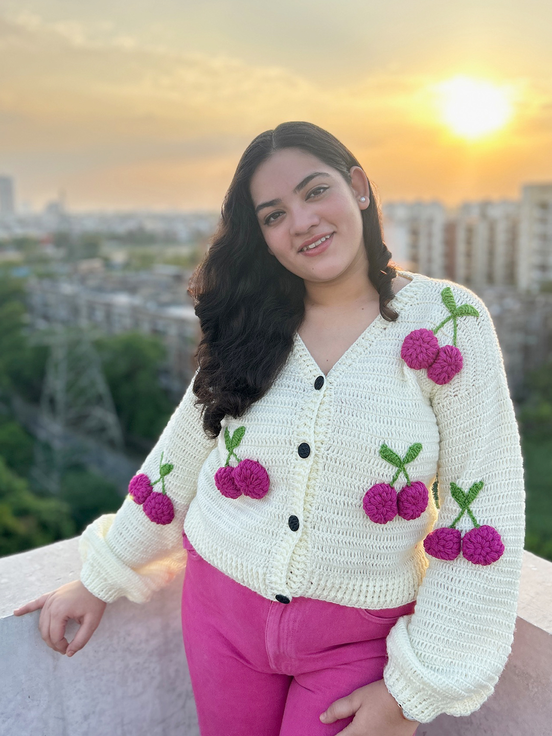 Velvery Crochet Cherry Cardigan - Cream