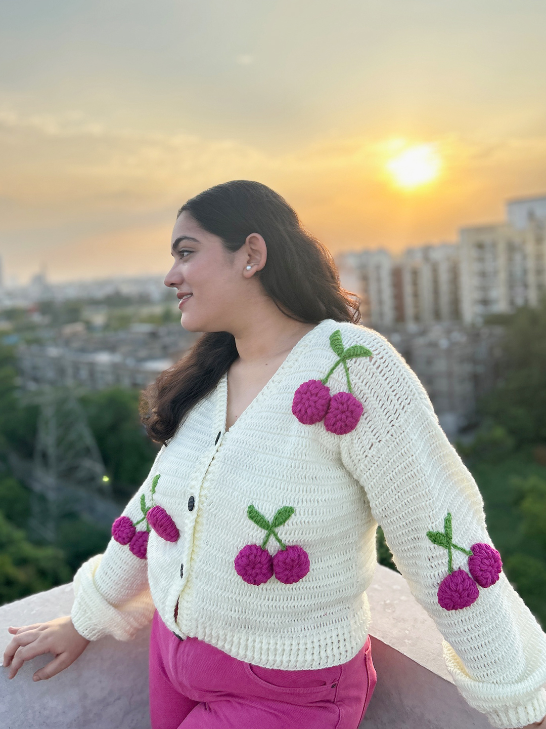 Velvery Crochet Cherry Cardigan - Cream