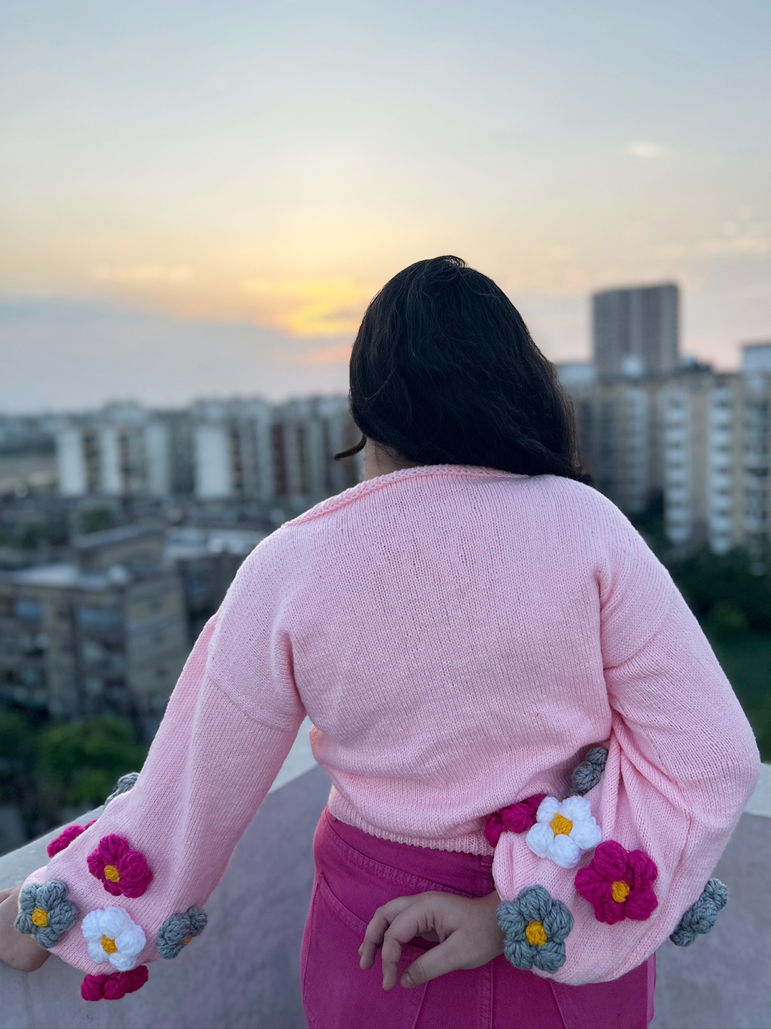 Velvery Knitted Floral Cardigan - Pink