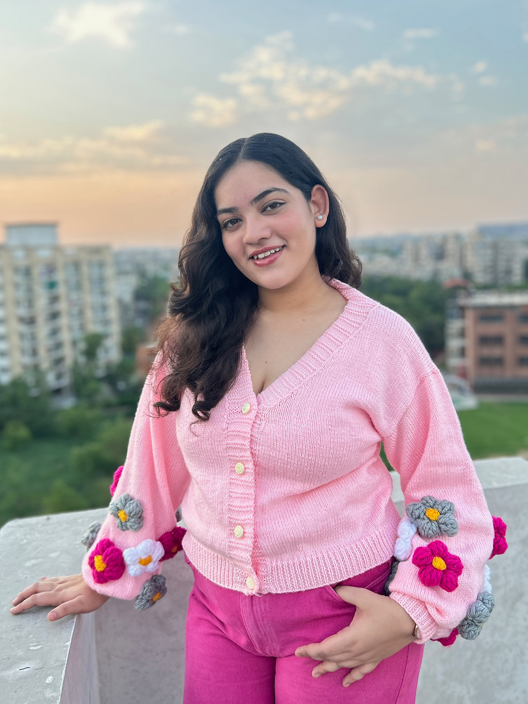 Velvery Knitted Floral Cardigan - Pink