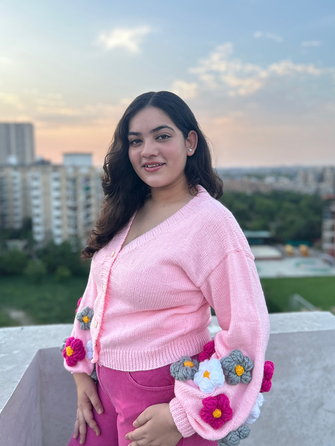 Velvery Knitted Floral Cardigan - Pink