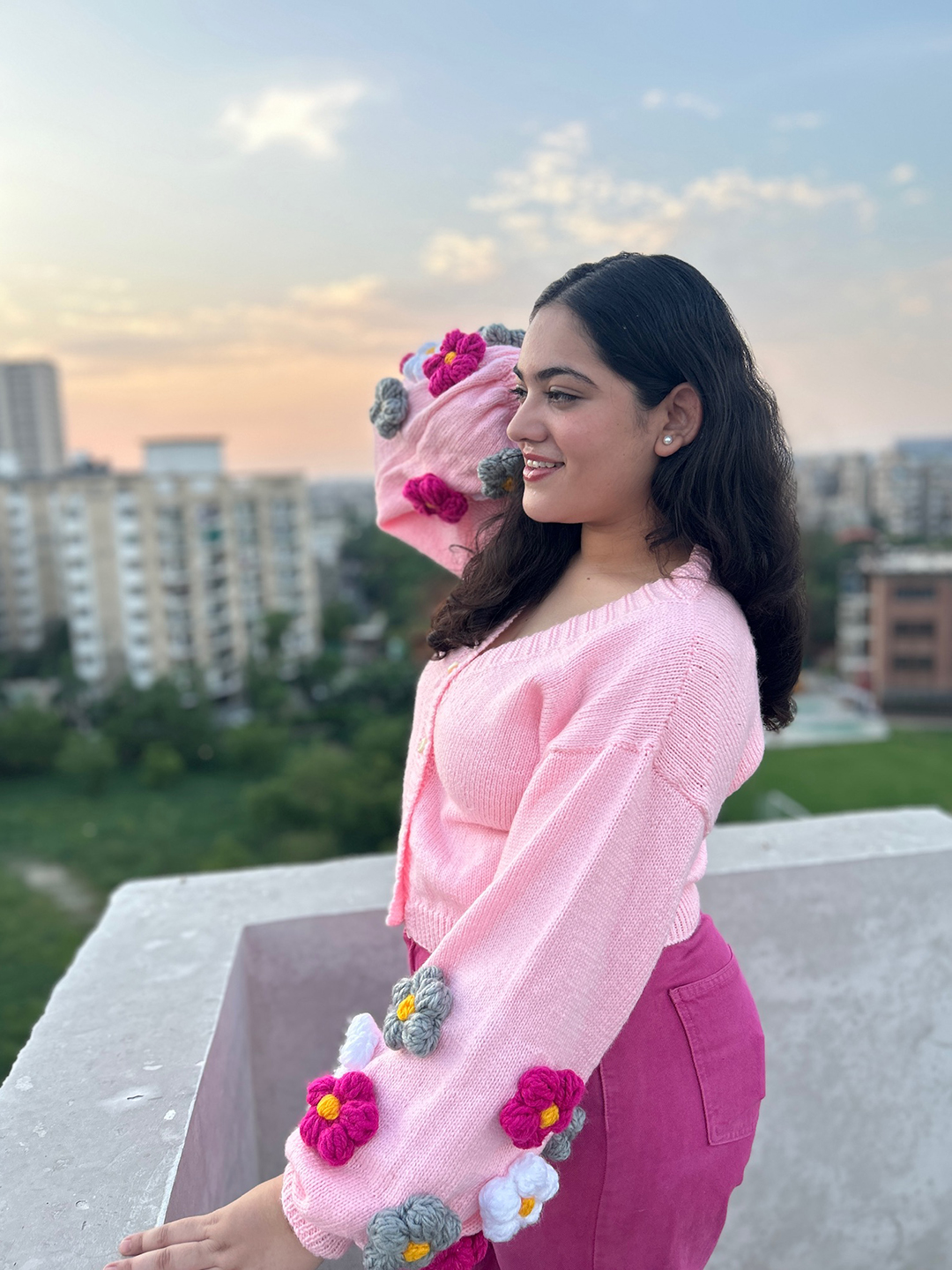 Velvery Knitted Floral Cardigan - Pink