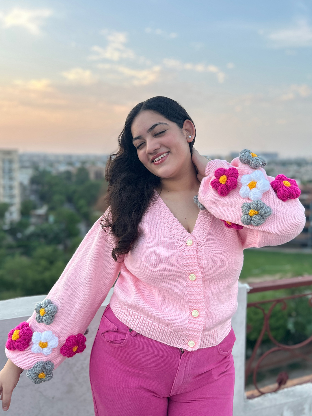 Velvery Knitted Floral Cardigan - Pink