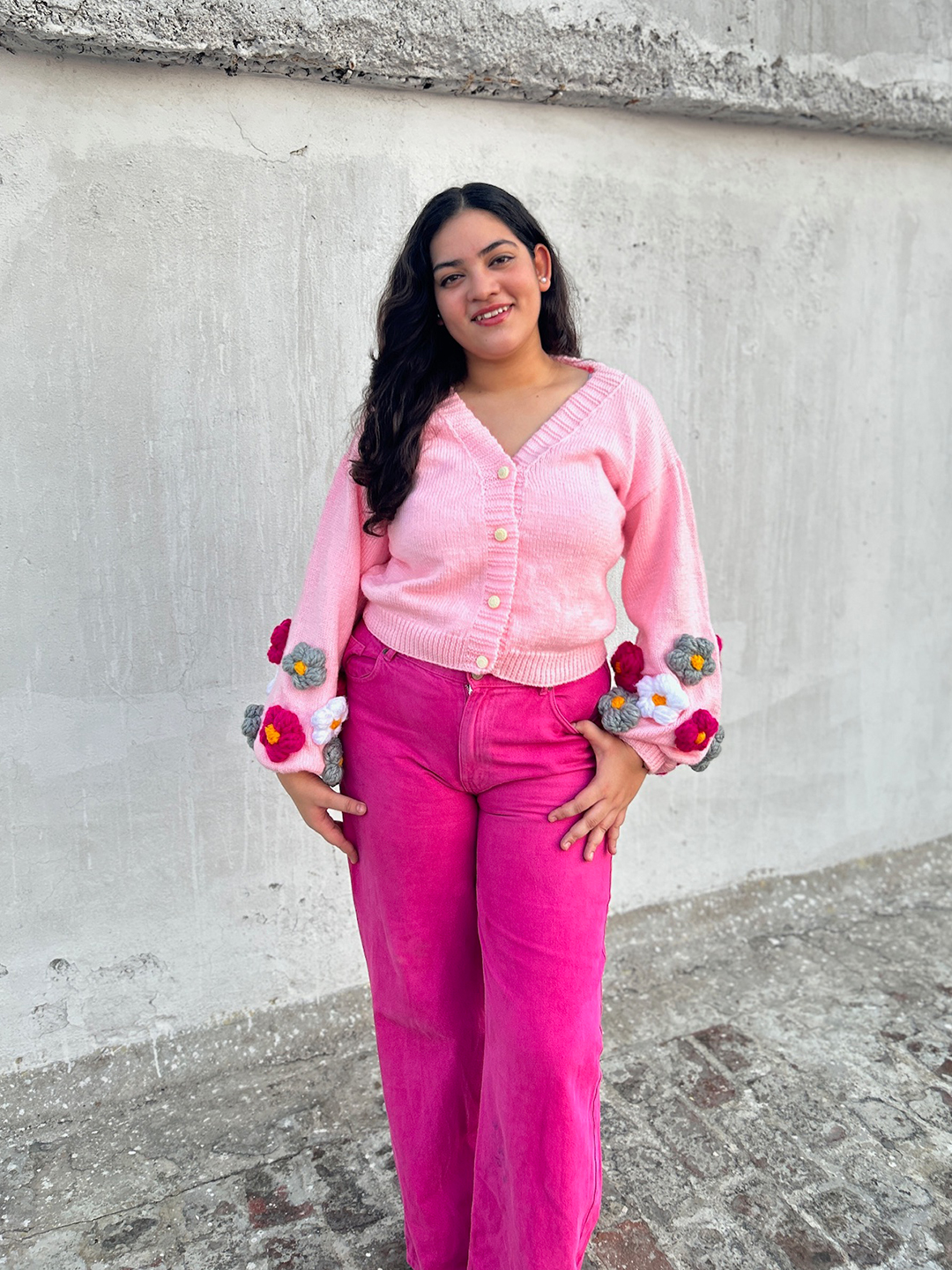 Velvery Knitted Floral Cardigan - Pink
