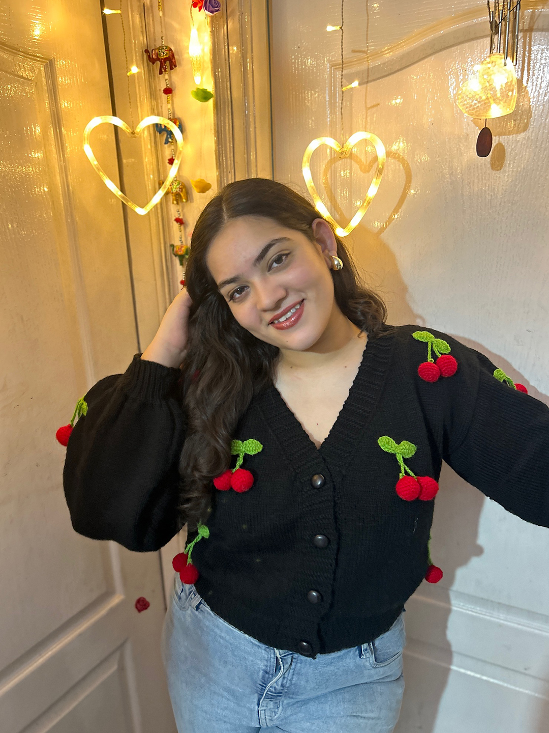 Velvery Knitted Cherry Cardigan - Black
