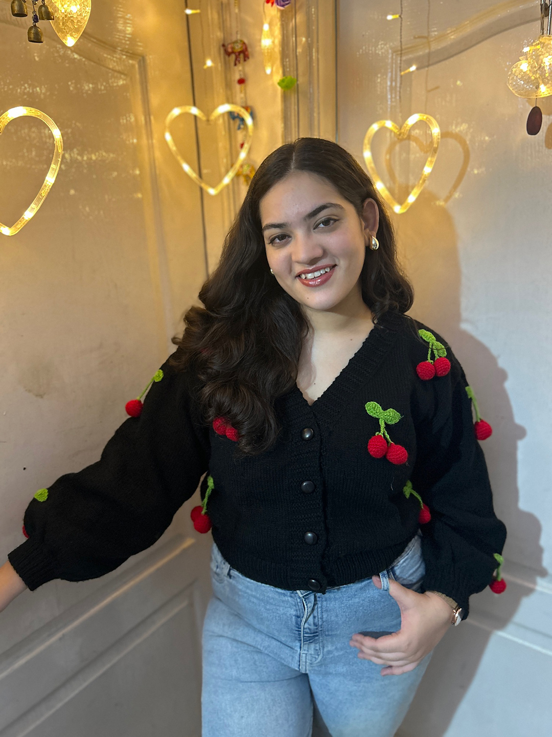 Velvery Knitted Cherry Cardigan - Black