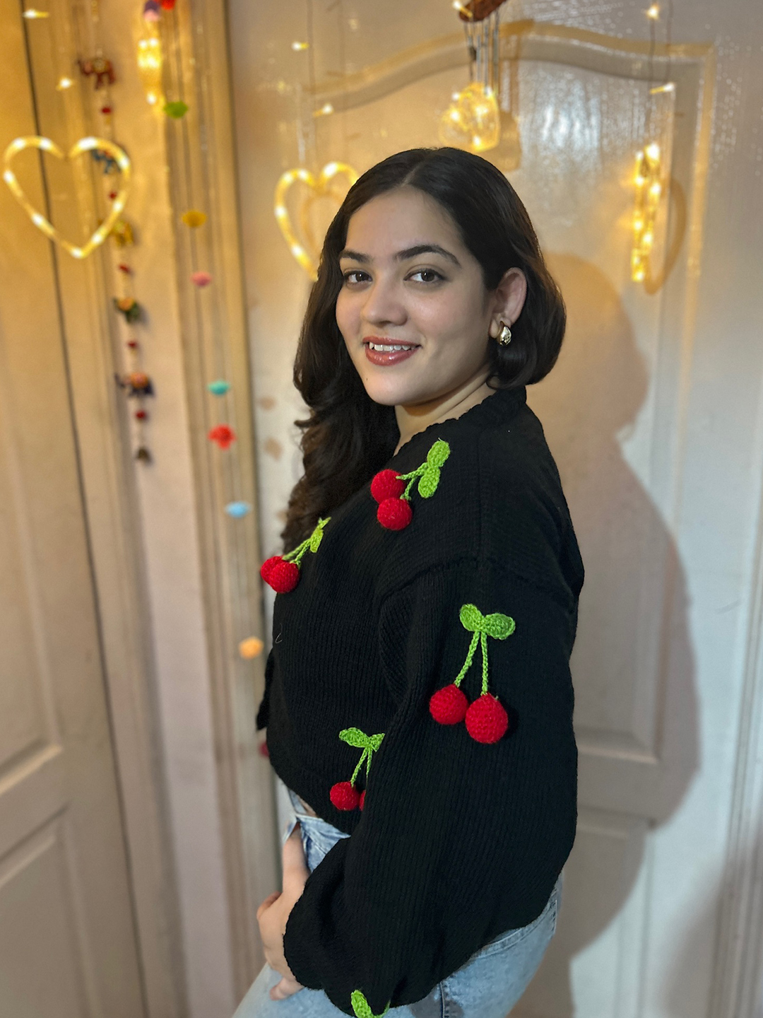 Velvery Knitted Cherry Cardigan - Black