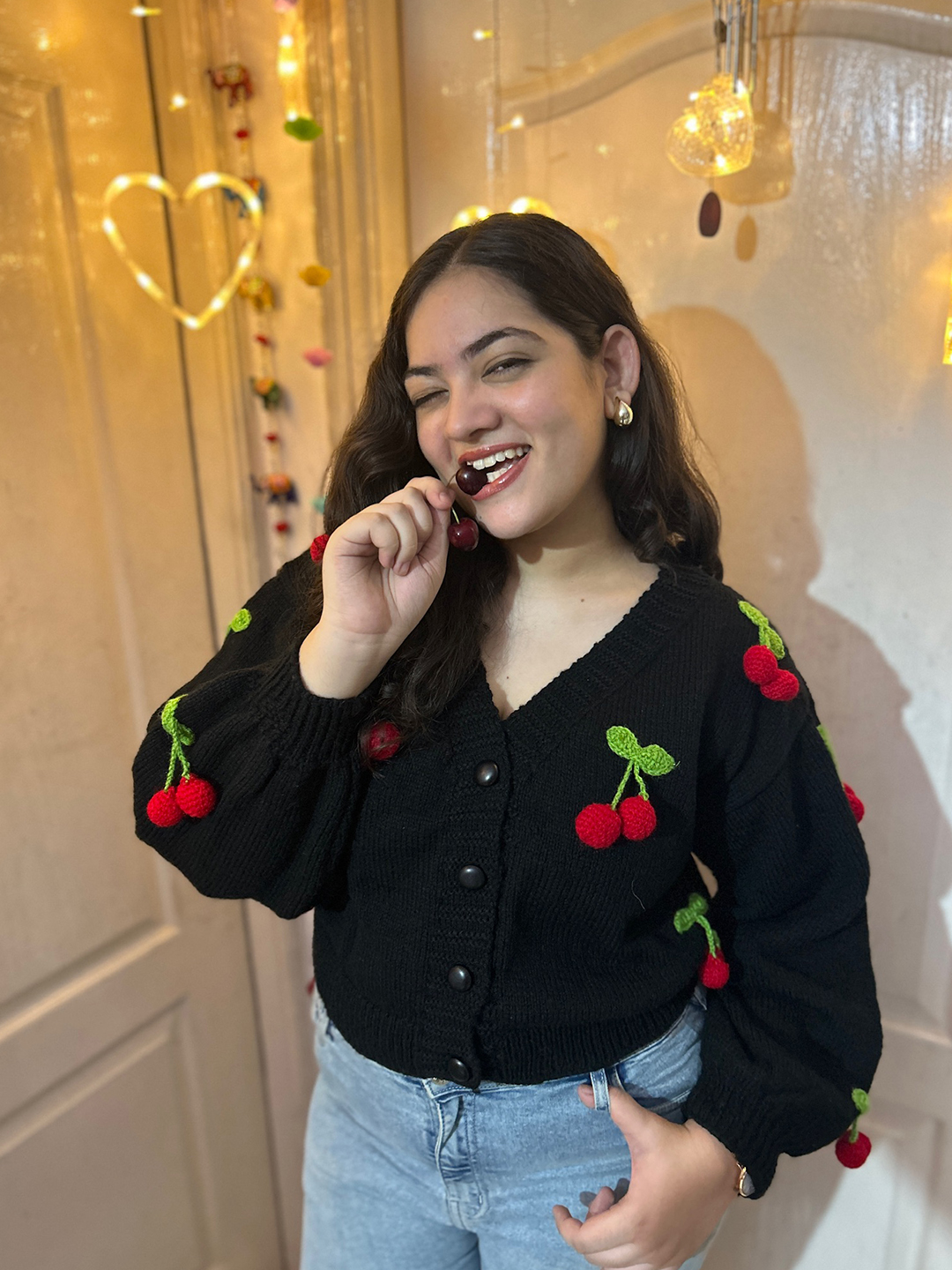 Velvery Knitted Cherry Cardigan - Black