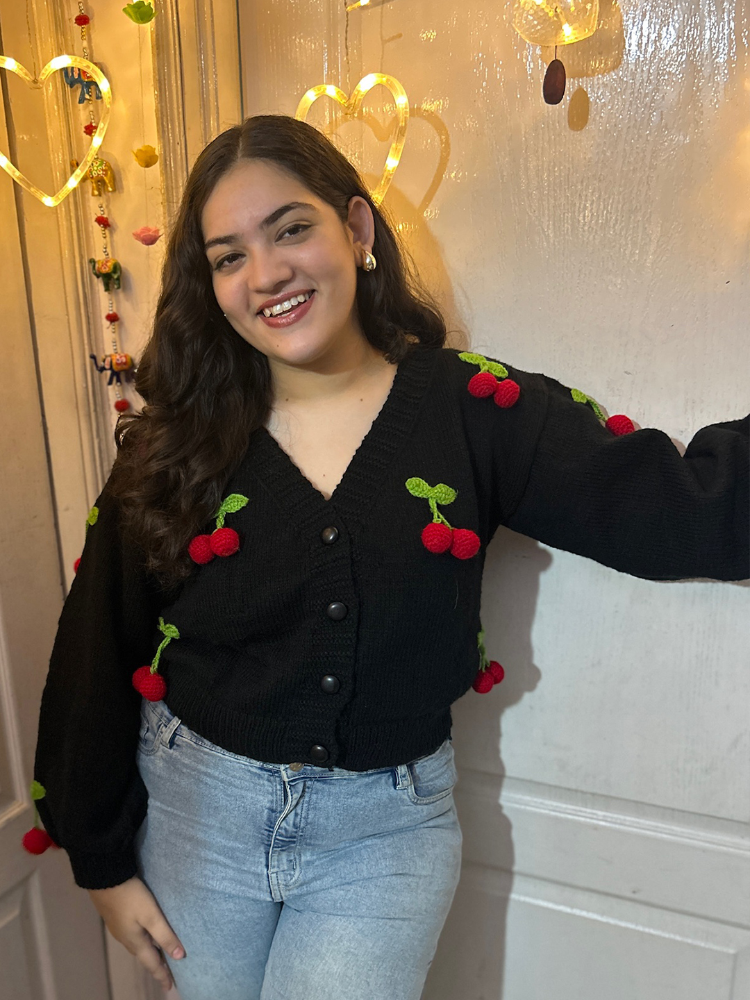 Velvery Knitted Cherry Cardigan - Black