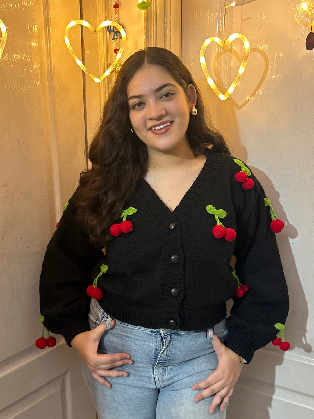 Velvery Knitted Cherry Cardigan - Black