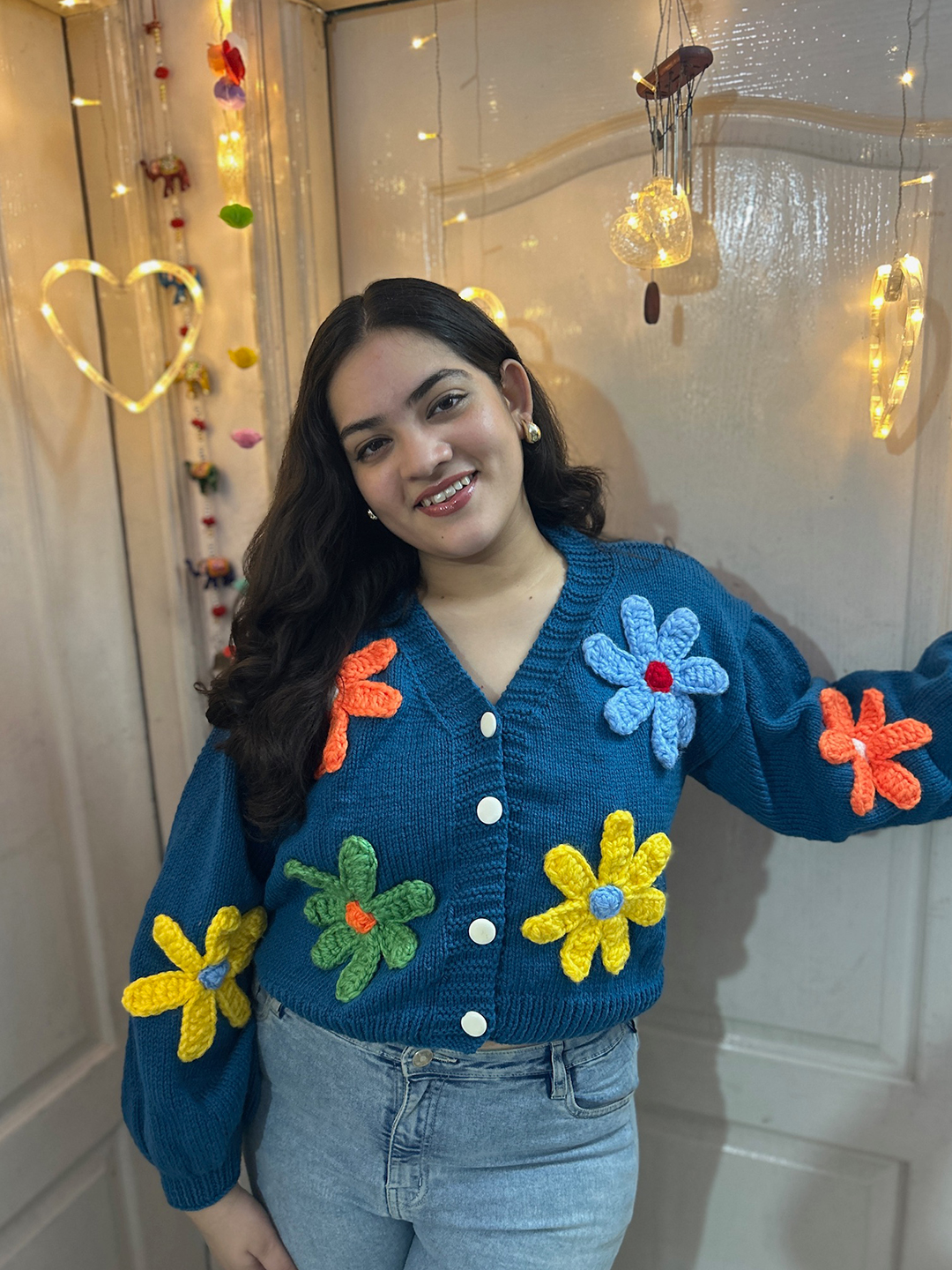 Velvery Floral V-Neck Cardigan - Blue