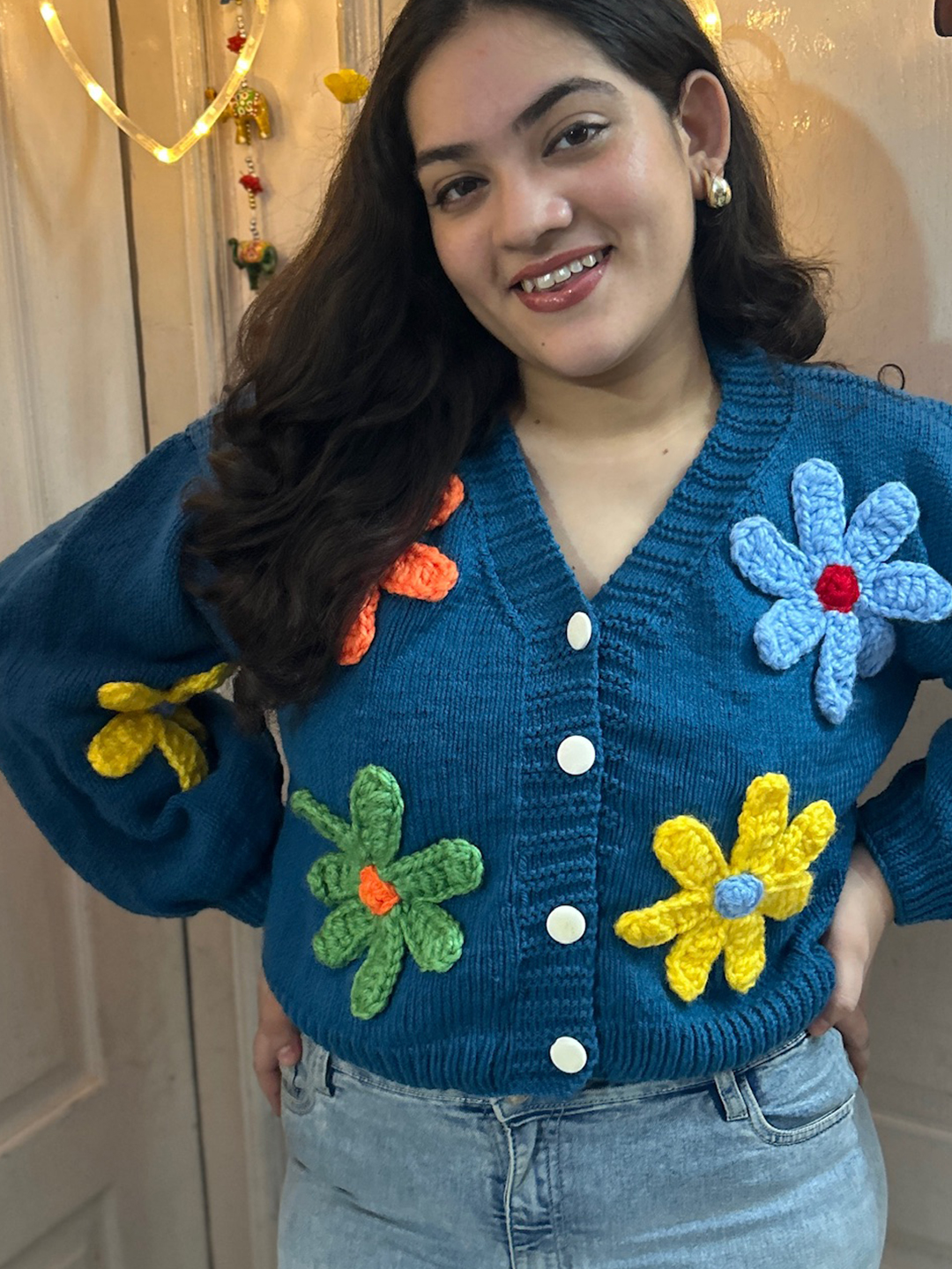 Velvery Floral V-Neck Cardigan - Blue