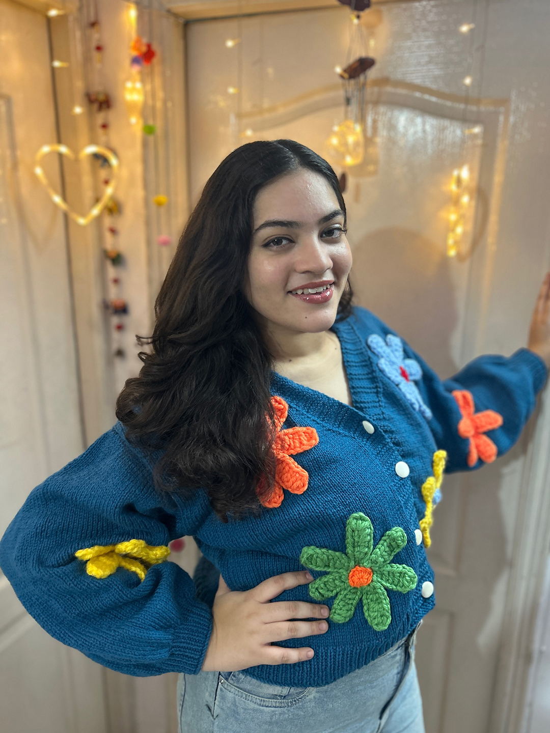 Velvery Floral V-Neck Cardigan - Blue
