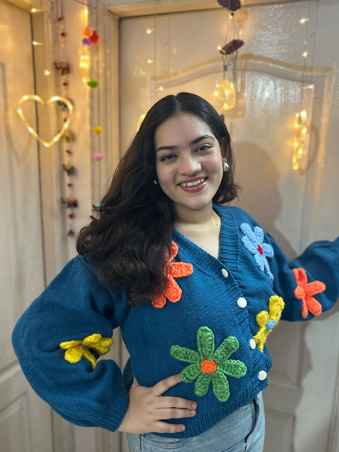 Velvery Floral V-Neck Cardigan - Blue