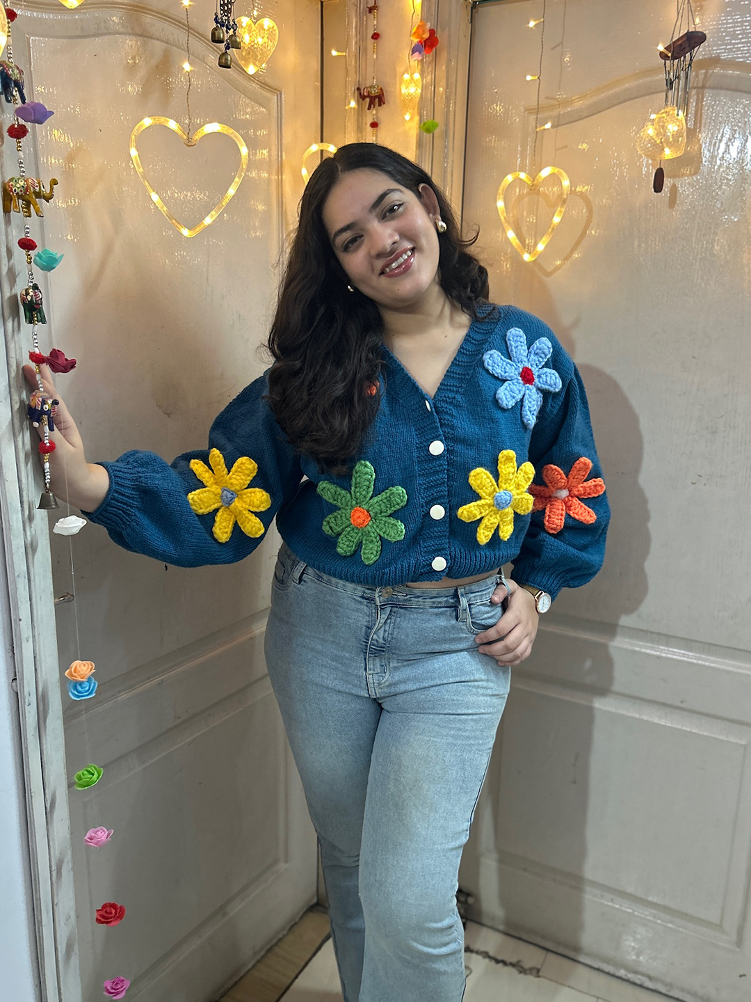 Velvery Floral V-Neck Cardigan - Blue