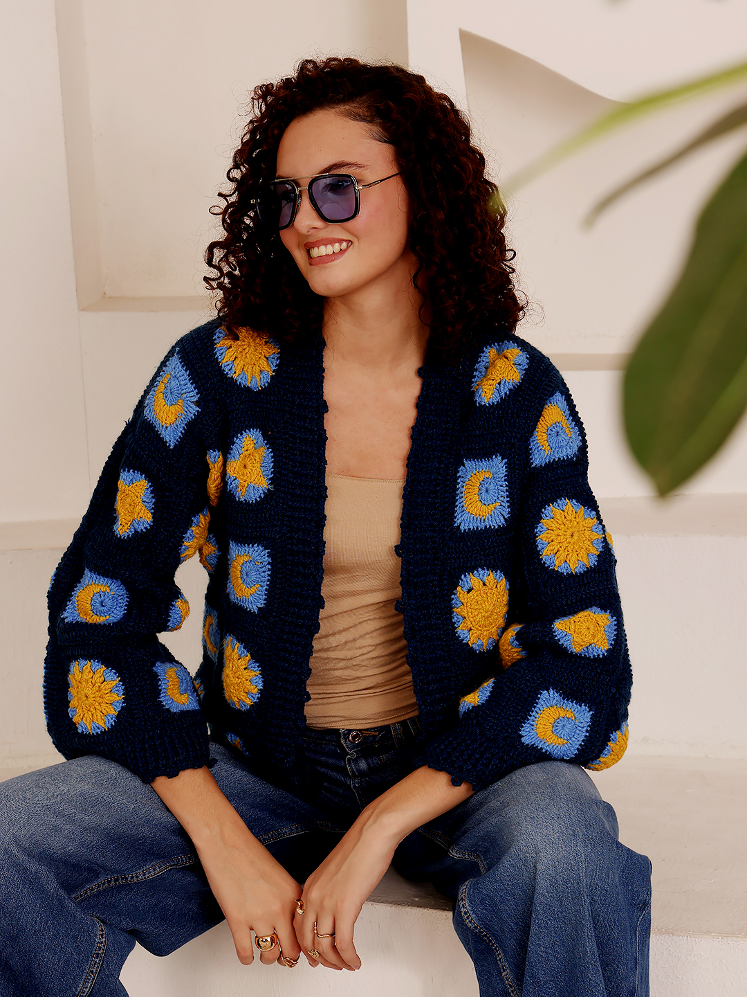 Granny Square Pattern Blue and Yellow Sweater - Blue