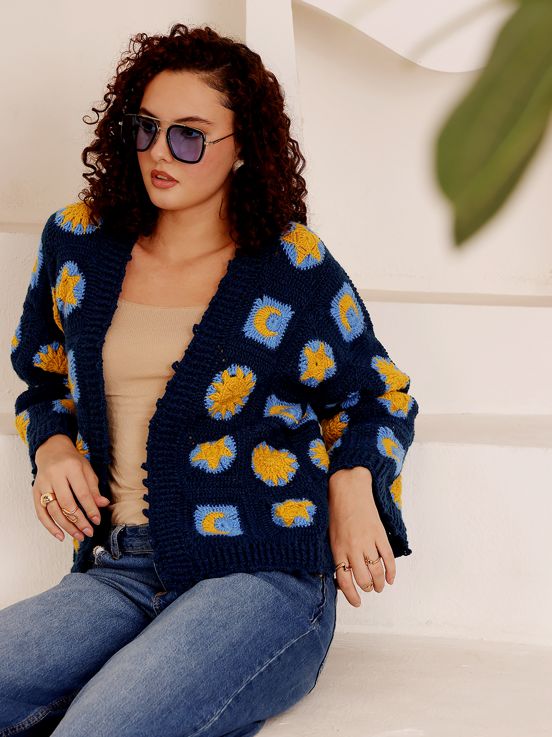 Granny Square Pattern Blue and Yellow Sweater - Blue