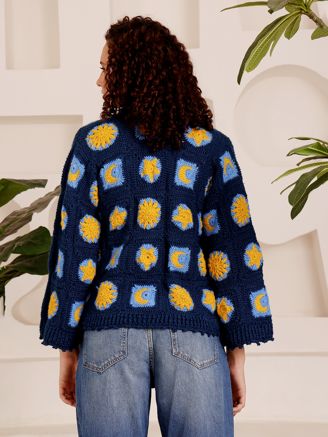 Granny Square Pattern Blue and Yellow Sweater - Blue